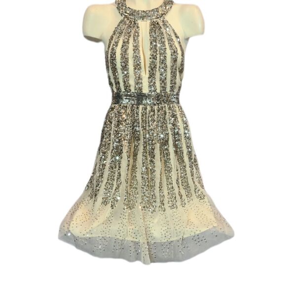 French Connection Aello Sequin Halter Neck Dress, Size 10 in Gold Gunmetal - Picture 1 of 7